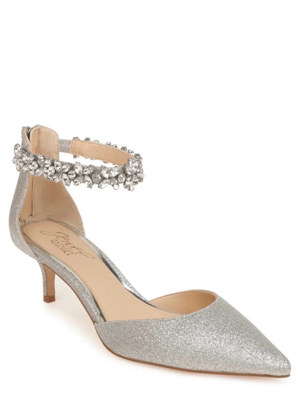 Badgley Mischka Silver Pointed-Toe jeweled Ankle-Strap kitten Heels $70 BNIB